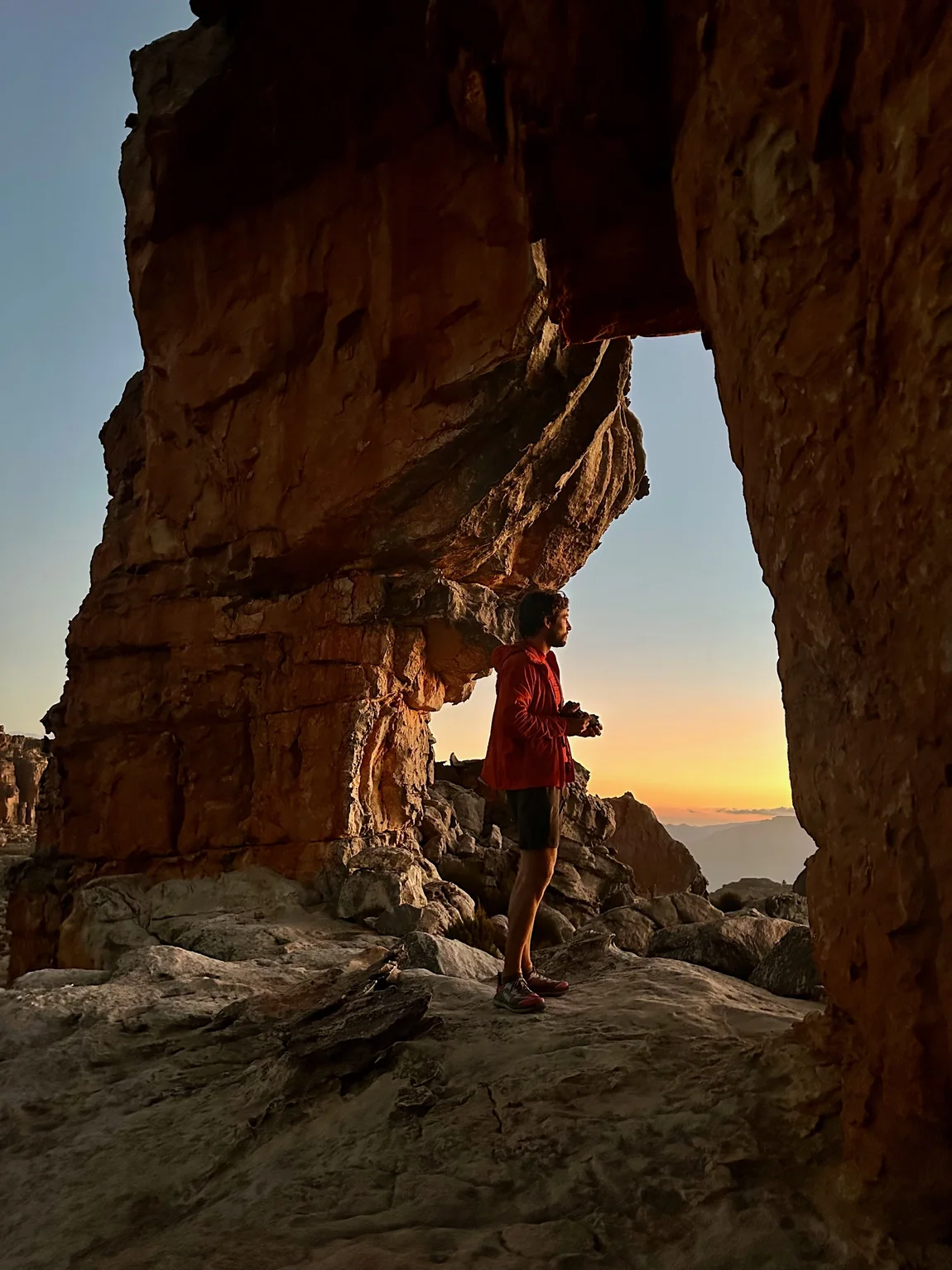 Shawn exploring a rocky mountain passage